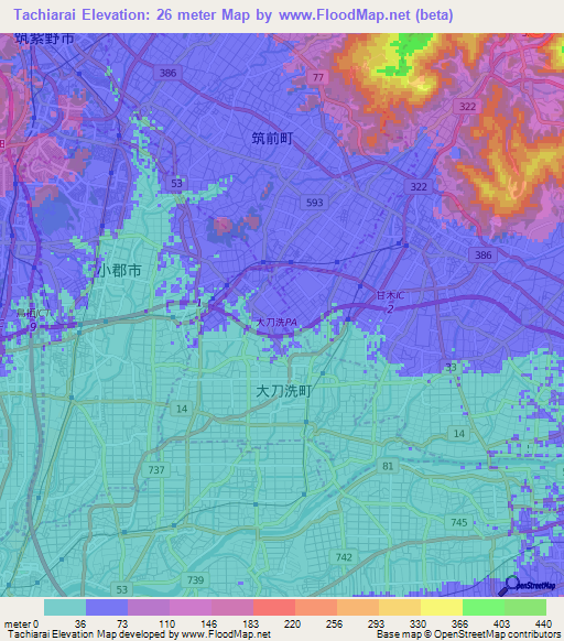 Tachiarai,Japan Elevation Map