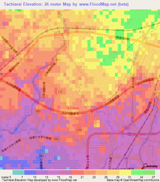 Tachiarai,Japan Elevation Map