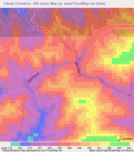 Tabata,Japan Elevation Map