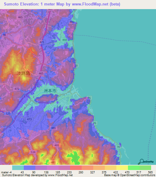 Sumoto,Japan Elevation Map