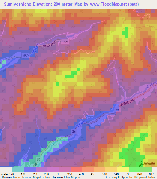 Sumiyoshicho,Japan Elevation Map