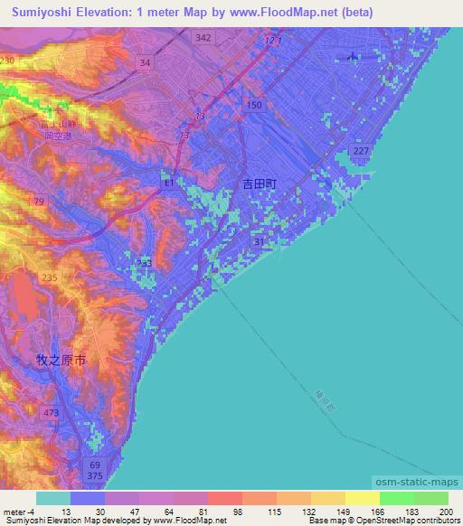 Sumiyoshi,Japan Elevation Map