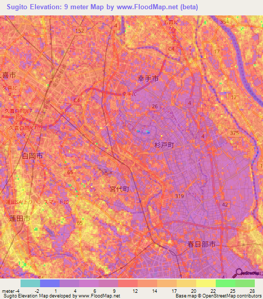 Sugito,Japan Elevation Map