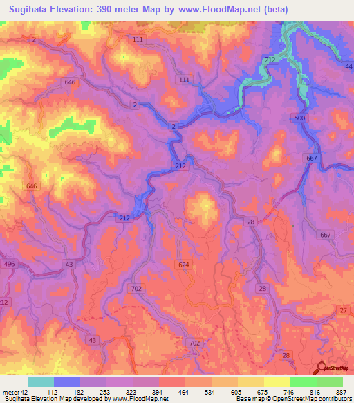 Sugihata,Japan Elevation Map