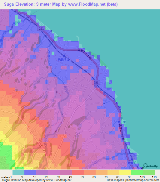 Suga,Japan Elevation Map