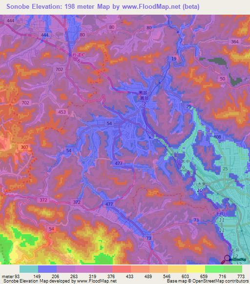 Sonobe,Japan Elevation Map