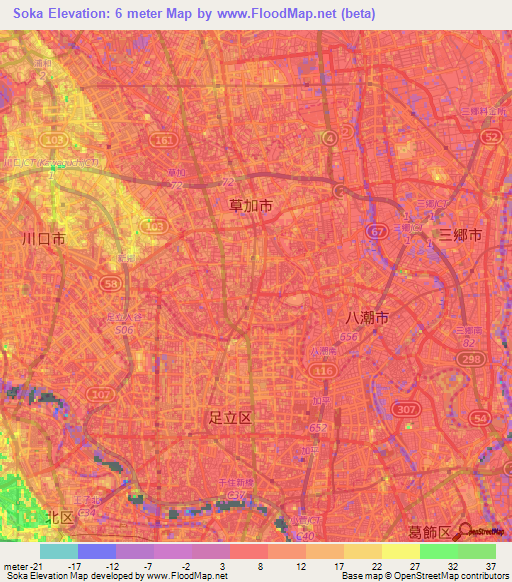Soka,Japan Elevation Map