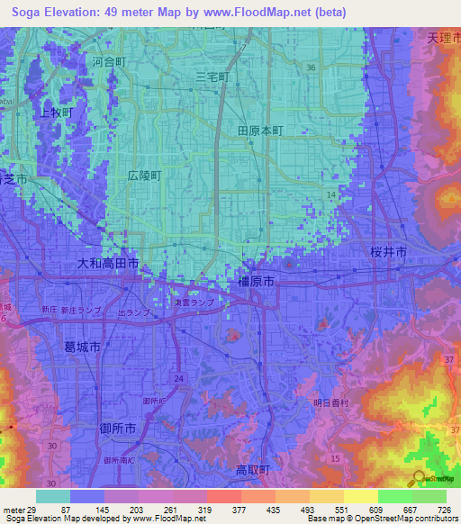 Soga,Japan Elevation Map