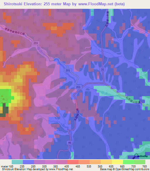 Shirotsuki,Japan Elevation Map