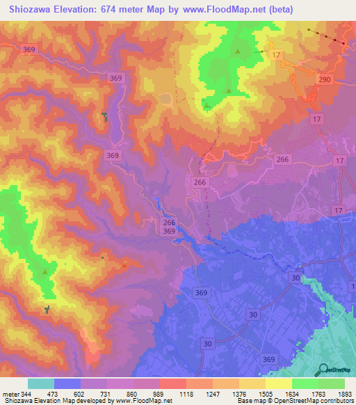 Shiozawa,Japan Elevation Map