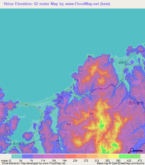 Shioe,Japan Elevation Map
