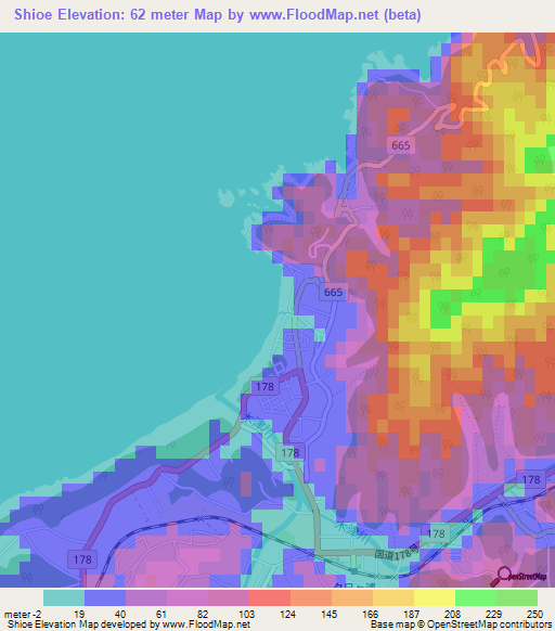 Shioe,Japan Elevation Map