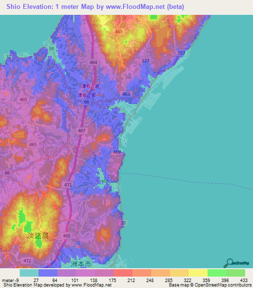 Shio,Japan Elevation Map