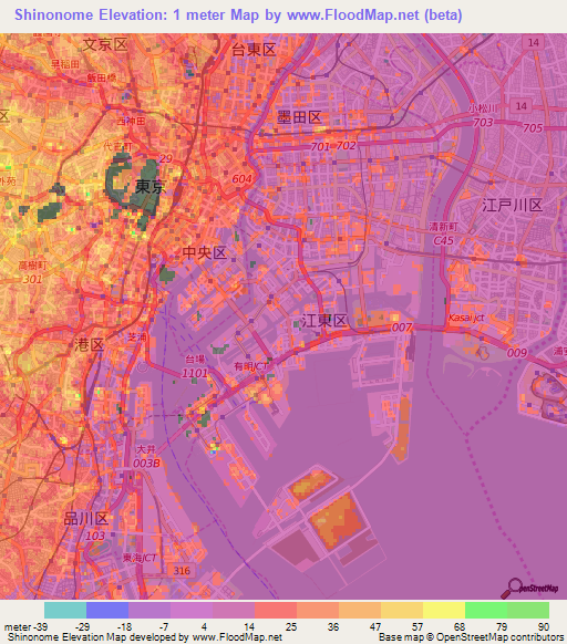 Shinonome,Japan Elevation Map