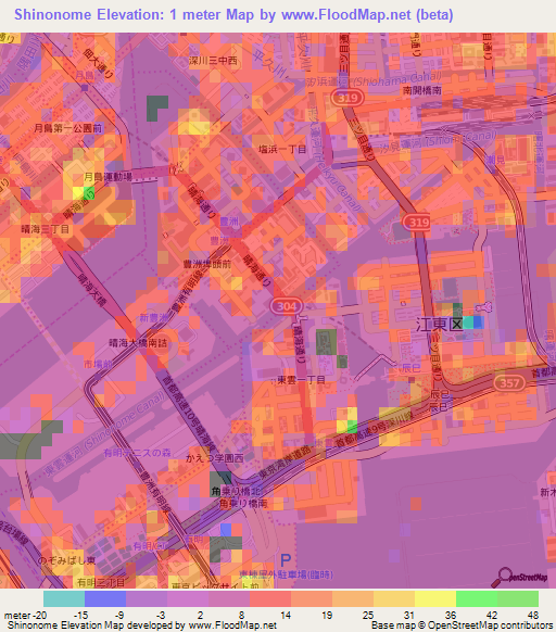 Shinonome,Japan Elevation Map
