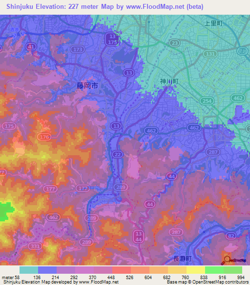 Shinjuku,Japan Elevation Map