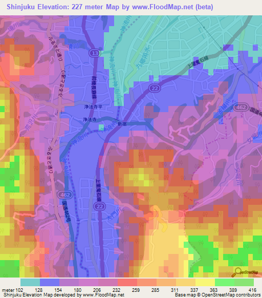 Shinjuku,Japan Elevation Map