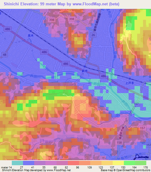 Shinichi,Japan Elevation Map