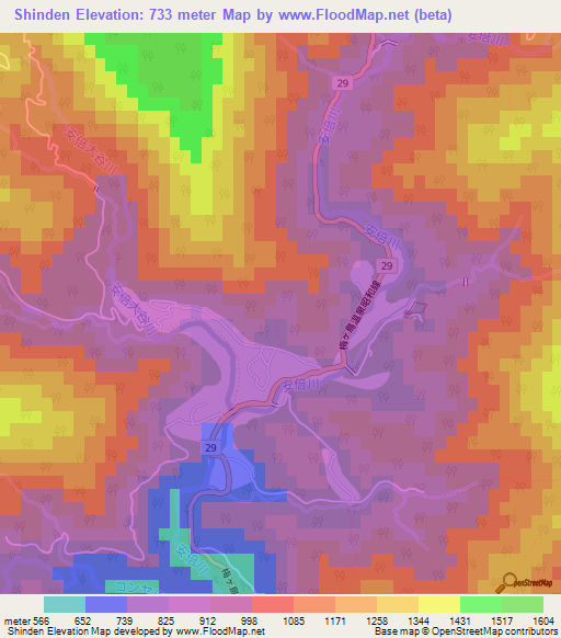 Shinden,Japan Elevation Map
