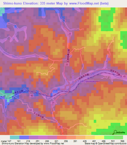 Shimo-kuno,Japan Elevation Map