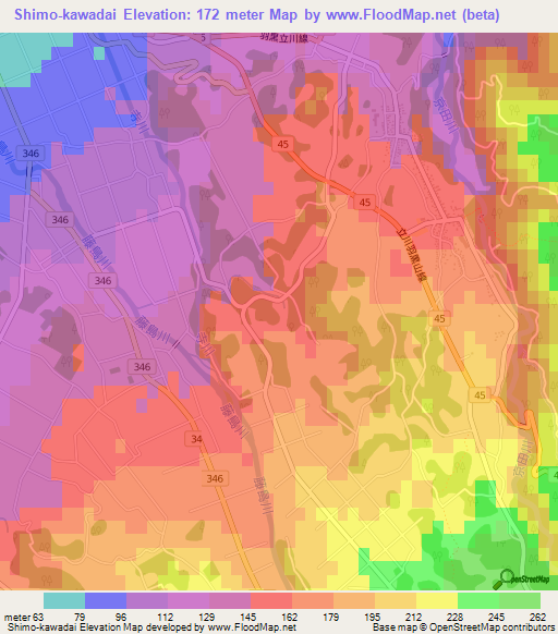 Shimo-kawadai,Japan Elevation Map