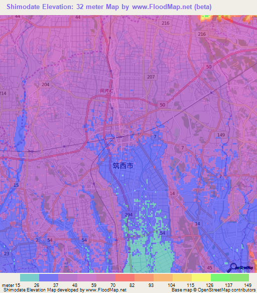 Shimodate,Japan Elevation Map