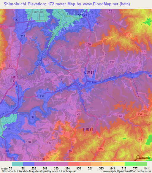 Shimobuchi,Japan Elevation Map