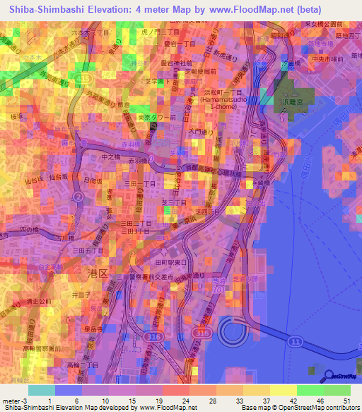 Shiba-Shimbashi,Japan Elevation Map