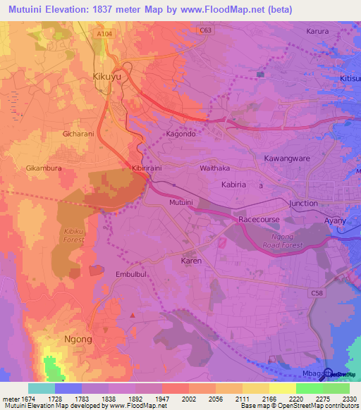 Mutuini,Kenya Elevation Map