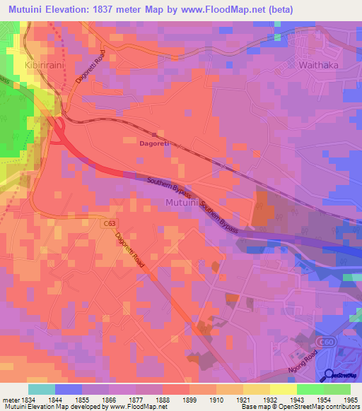 Mutuini,Kenya Elevation Map