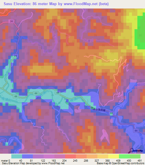 Sasu,Japan Elevation Map