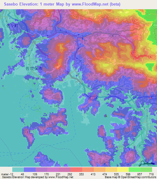 Sasebo,Japan Elevation Map