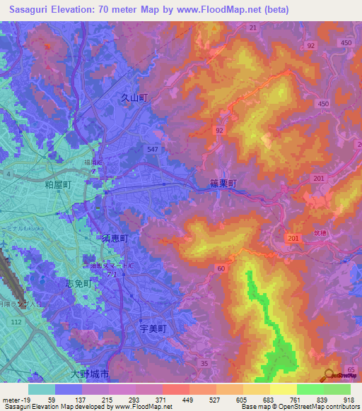 Sasaguri,Japan Elevation Map
