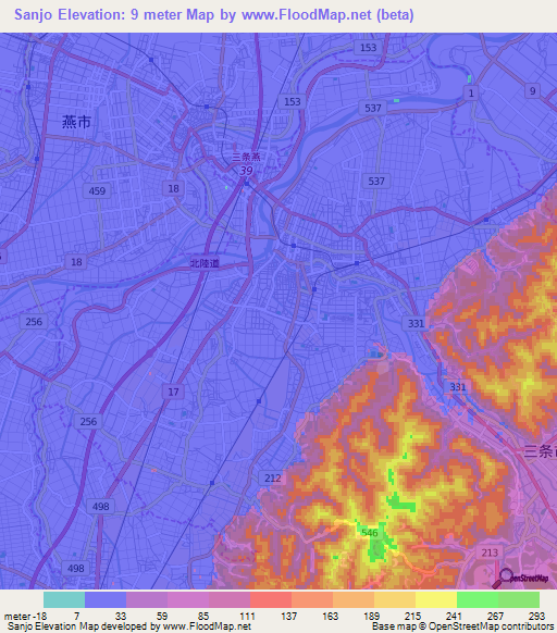 Sanjo,Japan Elevation Map