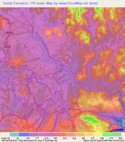 Sanda,Japan Elevation Map