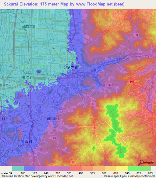 Sakurai,Japan Elevation Map