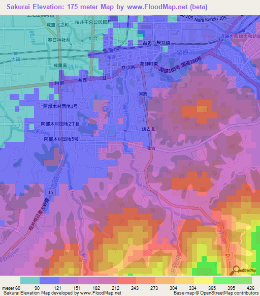 Sakurai,Japan Elevation Map