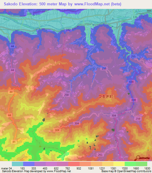 Sakodo,Japan Elevation Map