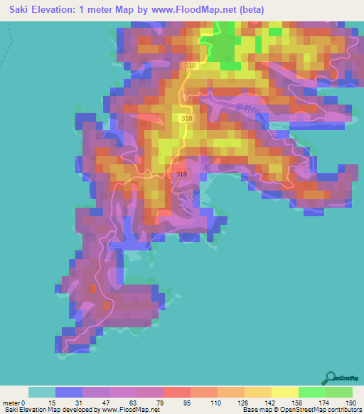 Saki,Japan Elevation Map