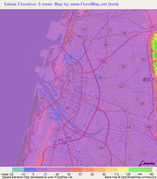 Sakata,Japan Elevation Map