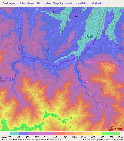 Sakaguchi,Japan Elevation Map