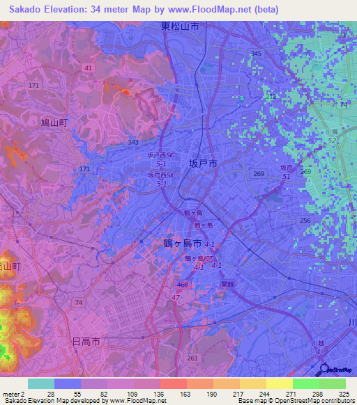 Sakado,Japan Elevation Map
