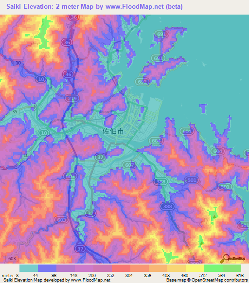 Saiki,Japan Elevation Map