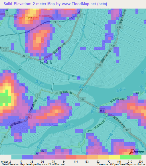 Saiki,Japan Elevation Map