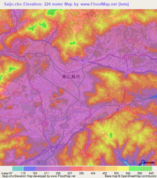 Saijo-cho,Japan Elevation Map
