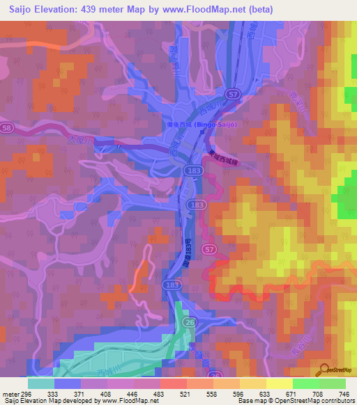 Saijo,Japan Elevation Map