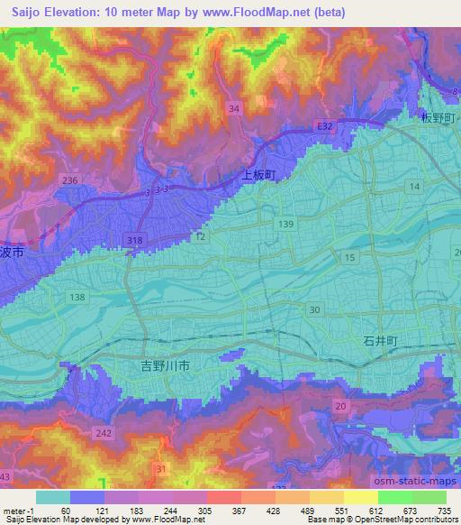 Saijo,Japan Elevation Map