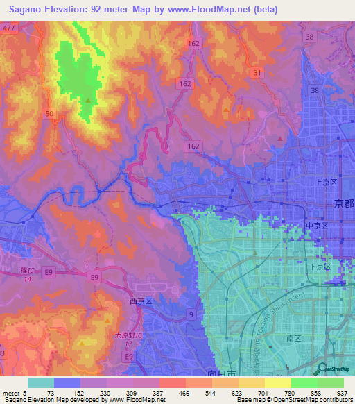 Sagano,Japan Elevation Map