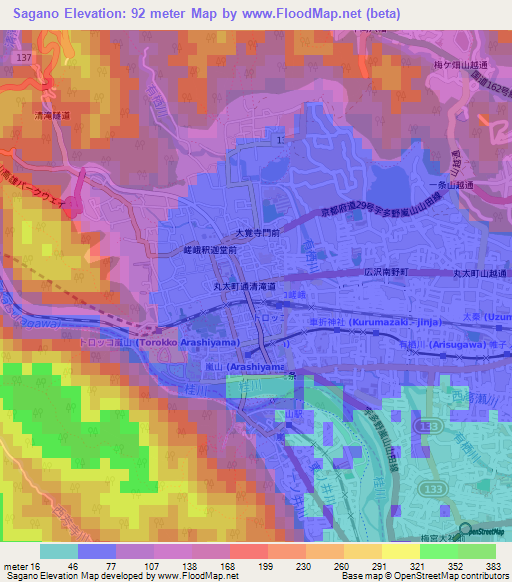 Sagano,Japan Elevation Map