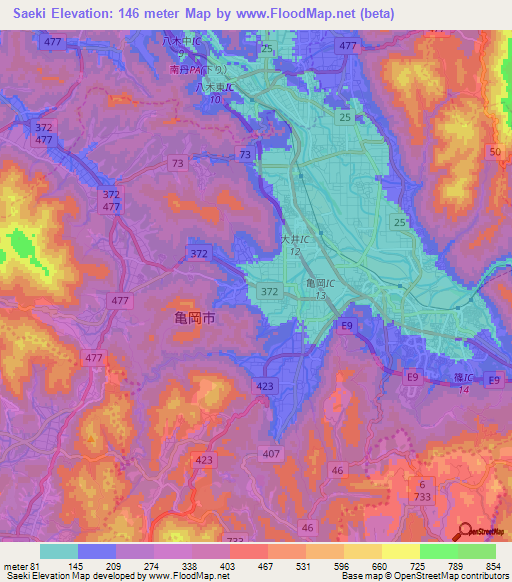 Saeki,Japan Elevation Map